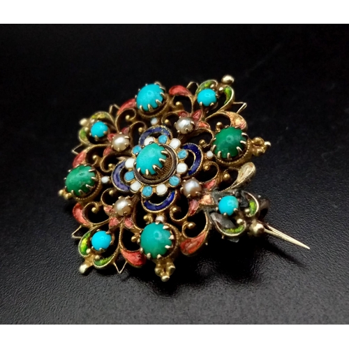 549 - A Mid-19th Century Turquoise, Enamel and Pearl Brooch (In the style of Carlo Giuliano) set in High-K... 