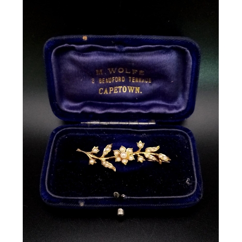 784 - A Victorian Mid-Karat Decorative Leaf and Pearl Brooch. Comes in an antique case. 5cm. 3.72g total w... 