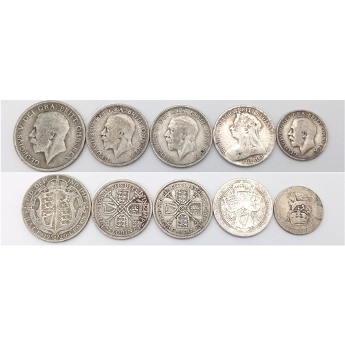 1115 - A Parcel of 5 Pre-1947 Silver Coins Comprising; 1899 Victoria Florin, 1920 George V Half Crown, 2 x ... 