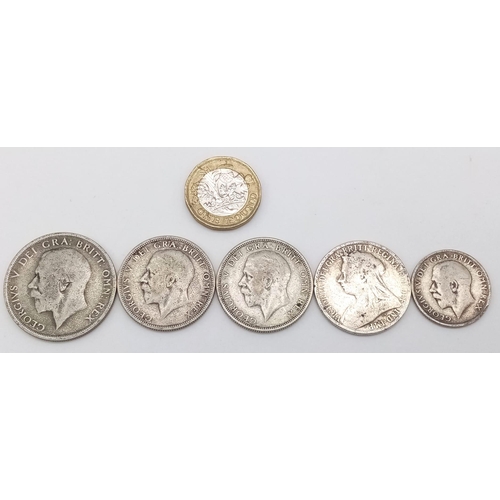 1115 - A Parcel of 5 Pre-1947 Silver Coins Comprising; 1899 Victoria Florin, 1920 George V Half Crown, 2 x ... 