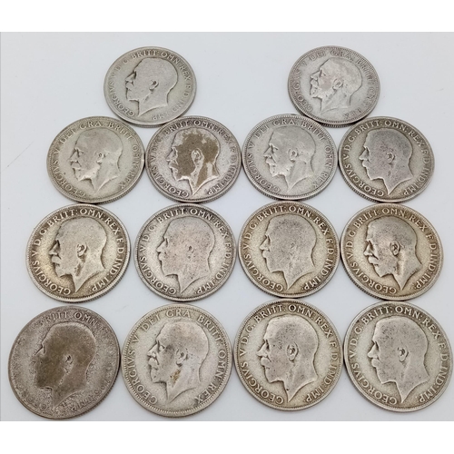 205 - A Parcel of 14 Pre-1947 Silver Florins Comprising 4 x 1920, 3 x 1921, 3 x 1922, 2 x 1929, 1 x1931 an... 