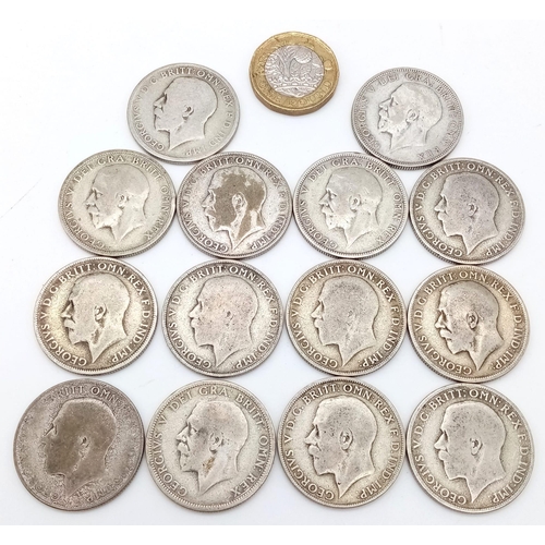 205 - A Parcel of 14 Pre-1947 Silver Florins Comprising 4 x 1920, 3 x 1921, 3 x 1922, 2 x 1929, 1 x1931 an... 