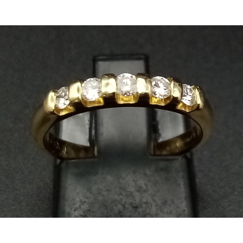 227 - 18k yellow gold diamond 5 stone ring (dia: 0.15ct), size J, 2.9g