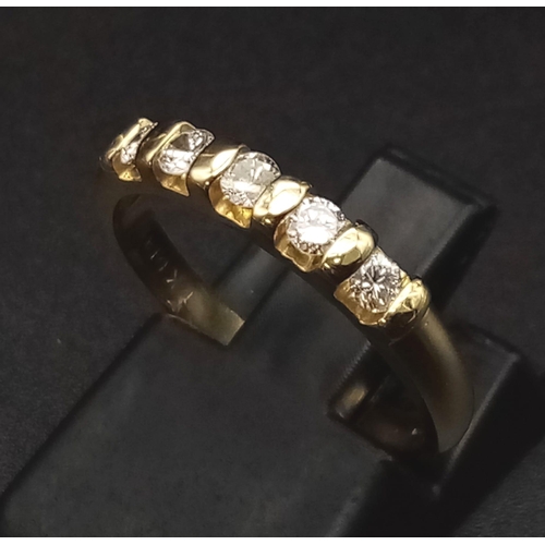 227 - 18k yellow gold diamond 5 stone ring (dia: 0.15ct), size J, 2.9g