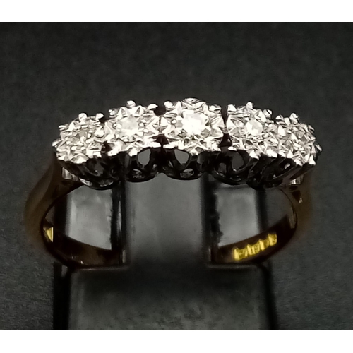 234 - 18k yellow gold diamond 5 stone ring (dia:0.17ct), size M, 2.7g