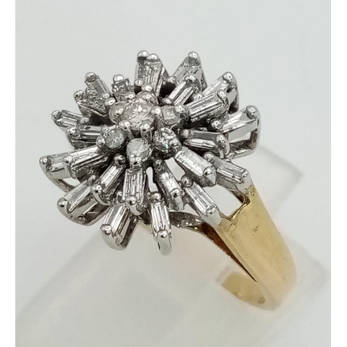 269 - 9k yellow gold flower cluster ring with a mix of baguette and round brilliant diamonds (dia: 0.35ct)... 