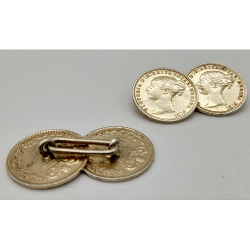 270 - 4 x Victoria Young Head Silver Three Pennies (Dates 1873-1875) Made into Cufflinks. Fine Condition.