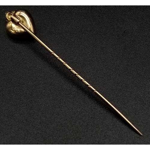 278 - An Antique 9K Gold and White Stone Heart Stick Pin. 5cm.