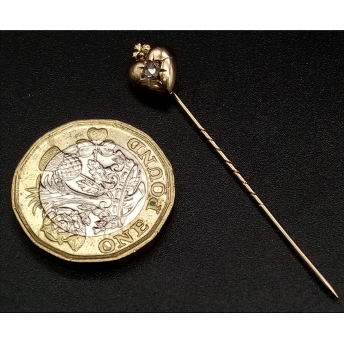 278 - An Antique 9K Gold and White Stone Heart Stick Pin. 5cm.