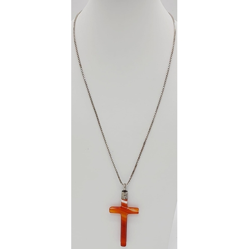 284 - A Vintage Sterling Silver and Carnelian Agate Cross Pendant Necklace. 50cm Square Link Chain 6cm Cro... 