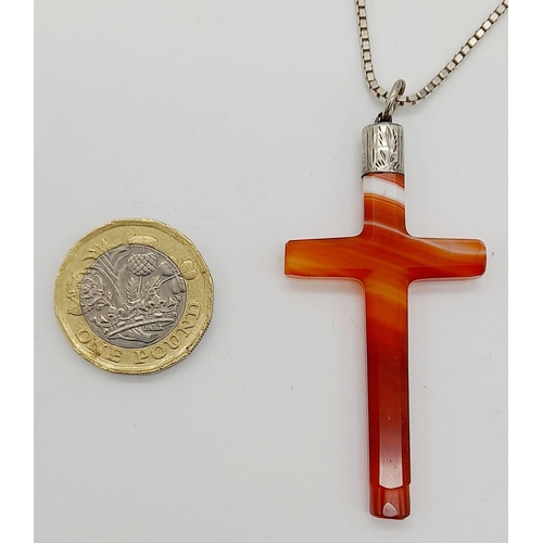 284 - A Vintage Sterling Silver and Carnelian Agate Cross Pendant Necklace. 50cm Square Link Chain 6cm Cro... 