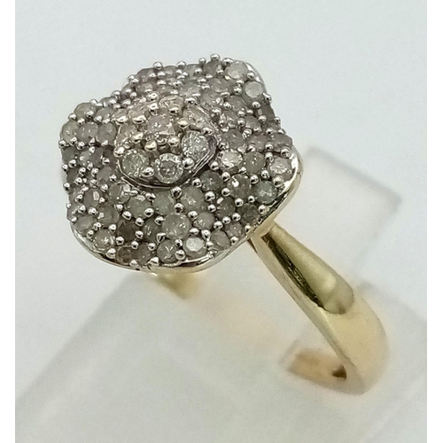 410 - 9k yellow gold diamond cluster ring 2.6g, size N, (dia:0.75ct)