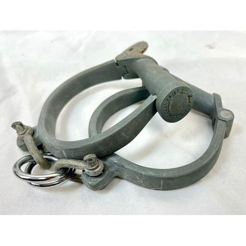 447 - A Pair of Antique Hiatt Leg Irons/Cuffs with Key! Makers mark on both irons.