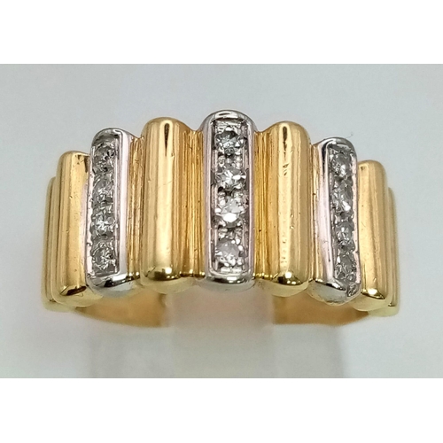 650 - 18k yellow gold diamond set vertical band ring (dia: 0.24ct), size K, 5.5g