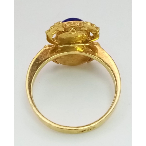 664 - 18k yellow gold lapis lazuli and coral set scarab ring, size K 1/2, 4.8g