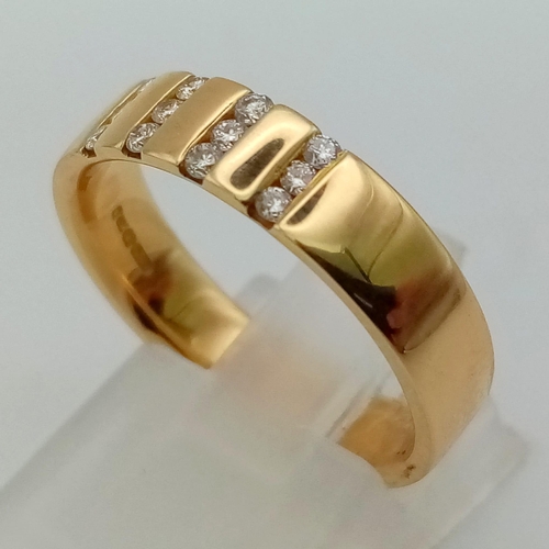 95 - 18k yellow gold 4 vertical row diamond set band ring (dia: 0.25ct), size N, 5.8g