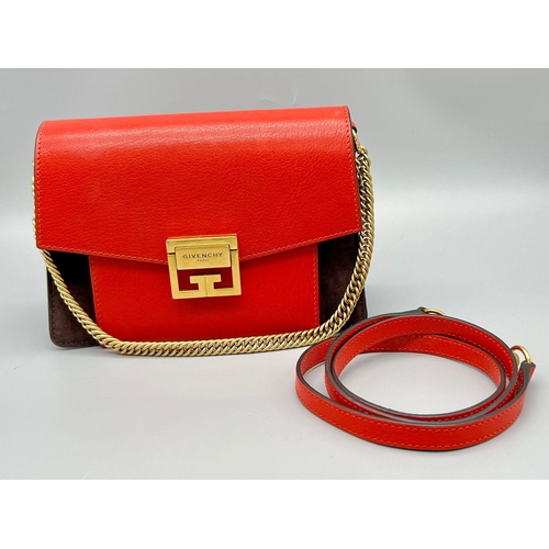 347 - A Givenchy GV3 Red Leather and Suede Shoulder Bag. Gilded hardware and shoulder chain. Multi-compart... 