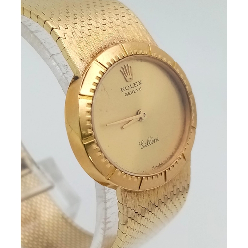 374 - A Vintage 18K Gold Rolex Cellini Ladies Watch. 18K gold bracelet and case - 25mm. Gold tone dial. Qu... 