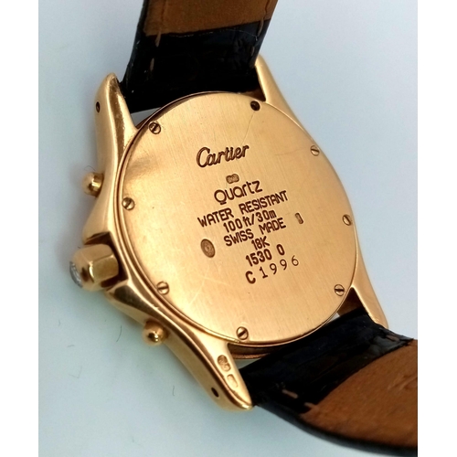 92 - A Cartier 18K Gold Quartz Chronograph Ladies Watch. Black leather strap with Cartier 18k gold buckle... 