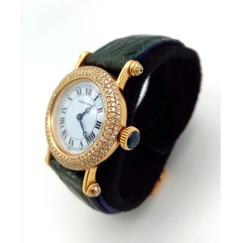 64 - A Cartier 18K Gold and Diamond Ladies Watch. Leather strap with gold Cartier clasp. 18k gold case - ... 