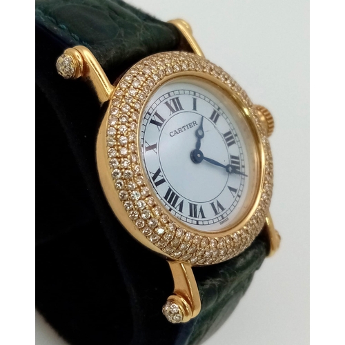 64 - A Cartier 18K Gold and Diamond Ladies Watch. Leather strap with gold Cartier clasp. 18k gold case - ... 