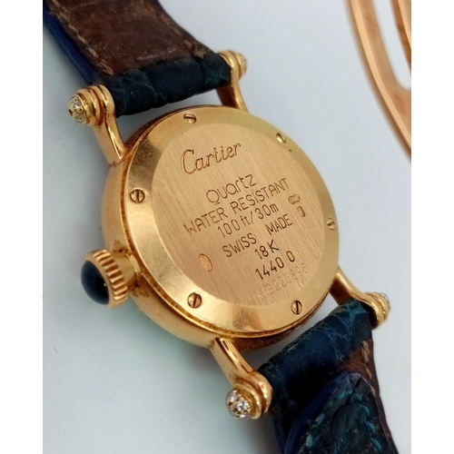 64 - A Cartier 18K Gold and Diamond Ladies Watch. Leather strap with gold Cartier clasp. 18k gold case - ... 