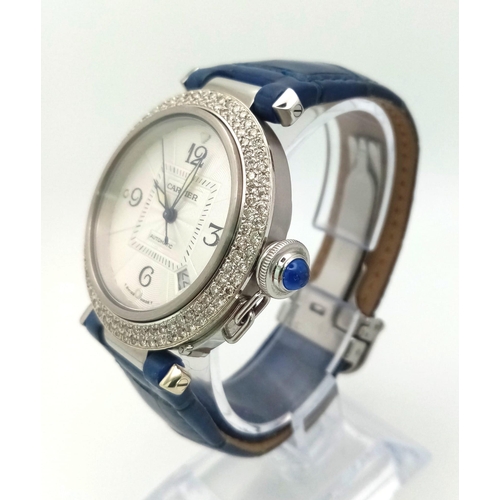 298 - A Pasha de Cartier Automatic Diamond Ladies Watch. Blue leather strap. Stainless steel case - 38mm. ... 