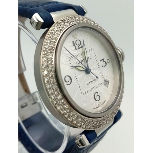 298 - A Pasha de Cartier Automatic Diamond Ladies Watch. Blue leather strap. Stainless steel case - 38mm. ... 