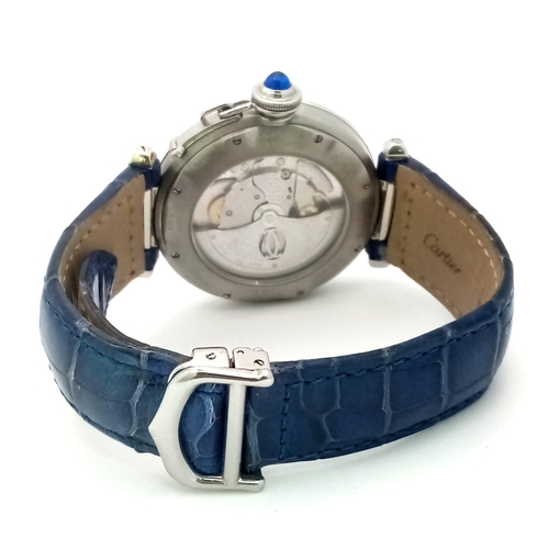 298 - A Pasha de Cartier Automatic Diamond Ladies Watch. Blue leather strap. Stainless steel case - 38mm. ... 