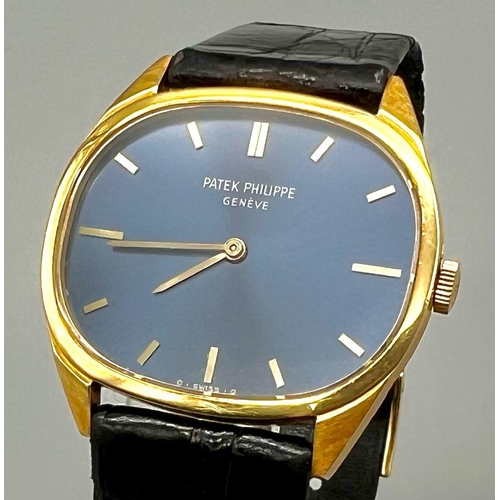 85 - A Vintage Patek Philiippe 18K Gold Watch. Black leather strap - 18k gold buckle. 18k gold case - 32m... 