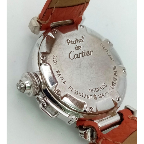 156 - A Cartier, Pasha de Cartier 2400 18k Gold and Diamond Ladies Watch. Leather strap. 18k gold and cris... 