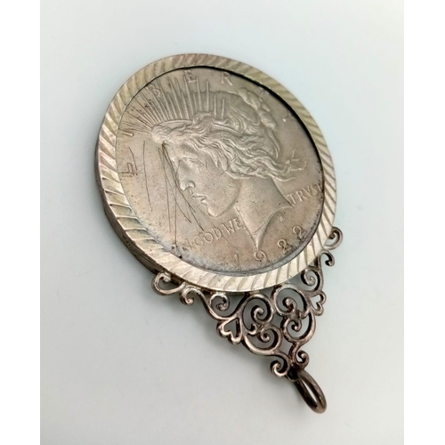 130 - An Excellent Condition 1922 American Silver Dollar Silver Mounted to a Pendant. 32.34 Grams