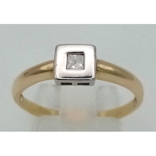 213 - 18k 2 colour princess cut solitaire diamond ring (dia: 0.20ct), size Q, 2.1g