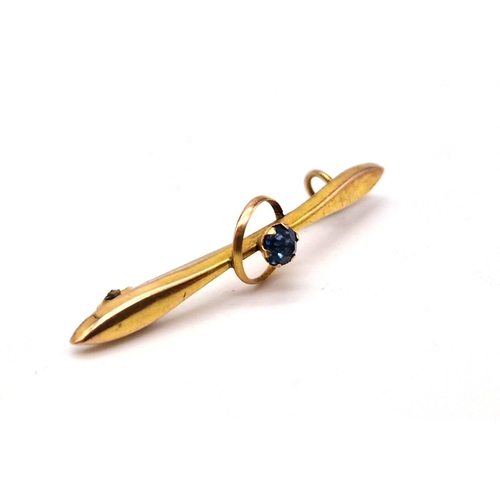 233 - Vintage 9 Carat Yellow Gold Blue Stone (Possibly Topaz) Propeller Shape Design Brooch. 3.5cm Length,... 