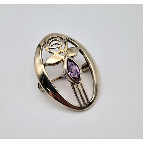 240 - Vintage Kit Heath Sterling Silver and Amethyst Set Brooch (Rennie Mackintosh Design) 3cm Length 4.6 ... 