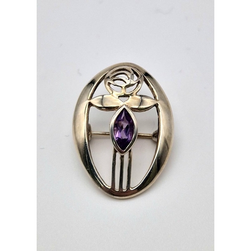 240 - Vintage Kit Heath Sterling Silver and Amethyst Set Brooch (Rennie Mackintosh Design) 3cm Length 4.6 ... 