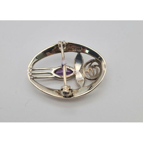 240 - Vintage Kit Heath Sterling Silver and Amethyst Set Brooch (Rennie Mackintosh Design) 3cm Length 4.6 ... 