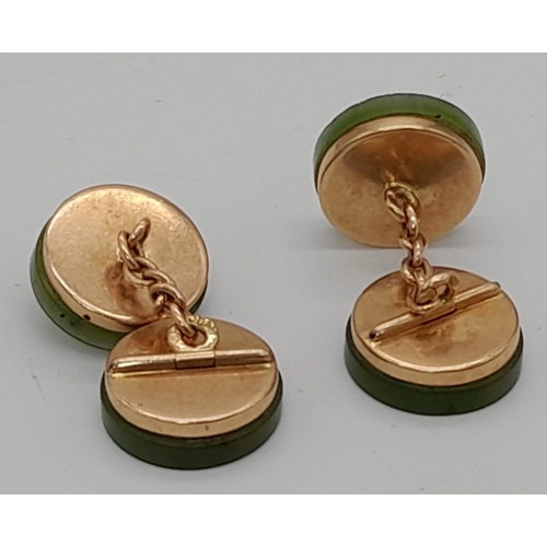 285 - An Exquisite Pair of Antique Chinese Jade Cufflinks set in High-Karat Gold. Jade discs - 12mm diamet... 