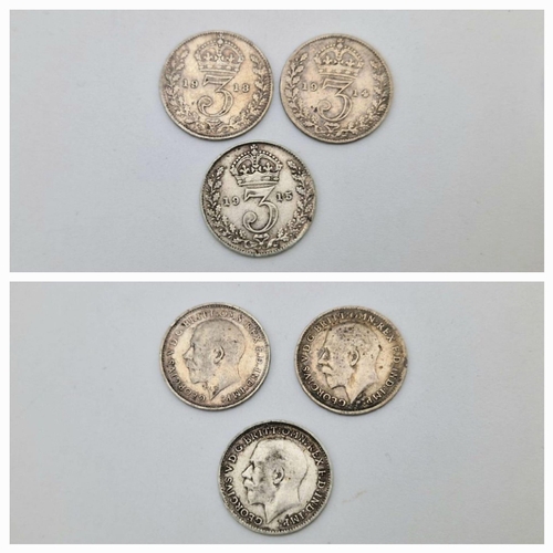 411 - A set of Five Pre-1920 WW1 925 Silver British 3 Penny’s, consecutive dates from 1914-1918 inclusive.