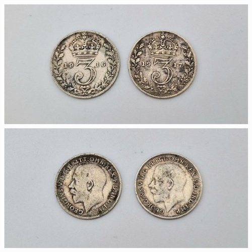 411 - A set of Five Pre-1920 WW1 925 Silver British 3 Penny’s, consecutive dates from 1914-1918 inclusive.