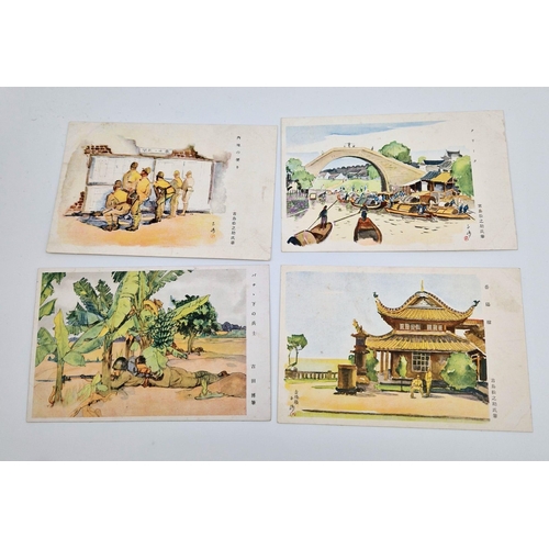 598 - A SELECTION OF WWII JAPANESE POSTCARDS (9) OF TROOPS IN CHINA. FINE QUALITY SIGNED WATER COLOURS REP... 