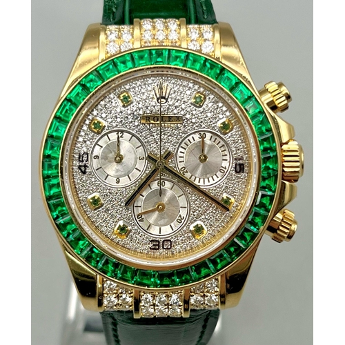 50 - A Very Bling Rolex Cosmograph 18K Gold, Emerald and Diamond Watch. Green leather strap and Rolex gol... 