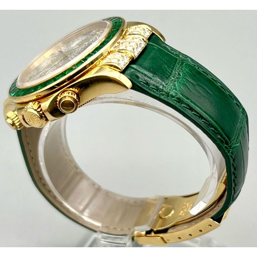 50 - A Very Bling Rolex Cosmograph 18K Gold, Emerald and Diamond Watch. Green leather strap and Rolex gol... 