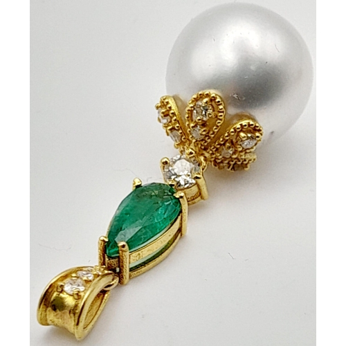 368 - A Pair of High Karat Gold, Large South Sea Pearl, Emerald and Diamond Earring and Pendant Set. 4cm d... 