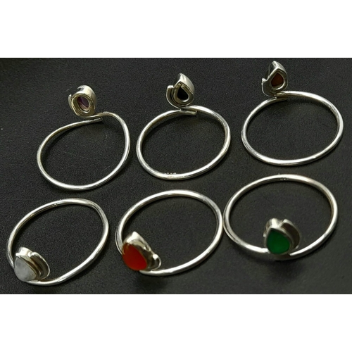 817 - SET OF 6 STERLING SILVER STACKING STONE SET RINGS ALL SIZE Q & R 7.6G