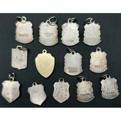 695 - SET OF 13 STERLING SILVER LOCATION SHIELD CHARMS TO NAME A FEW,  JERSEY, GT YARMOUTH, LANDS END, COR... 