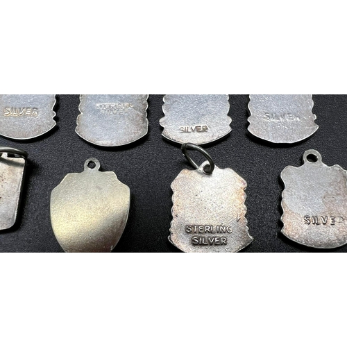 695 - SET OF 13 STERLING SILVER LOCATION SHIELD CHARMS TO NAME A FEW,  JERSEY, GT YARMOUTH, LANDS END, COR... 