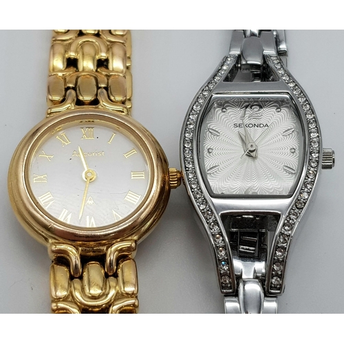 708 - SEKONDA STEEL STONE SET BRACELET WATCH & ACCURIST GOLD TONE BRACELET WATCH BOTH FULL WORKING ORDER A... 