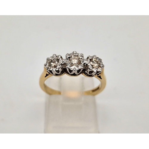 738 - 9k yellow gold diamond trilogy ring. Total Weight 2.9g, size L1/2 (dia:0.25ct)