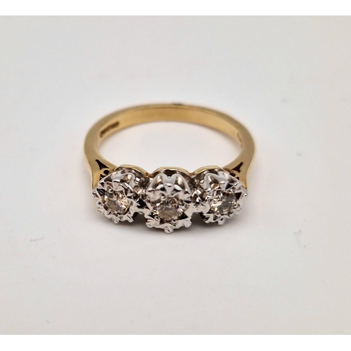 738 - 9k yellow gold diamond trilogy ring. Total Weight 2.9g, size L1/2 (dia:0.25ct)